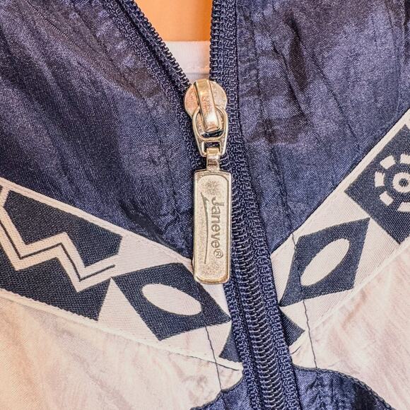 1990s Vintage Janeve Bomber Jacket Navy/White Geometric Pattern-Womens Medium - Picture 4 of 10